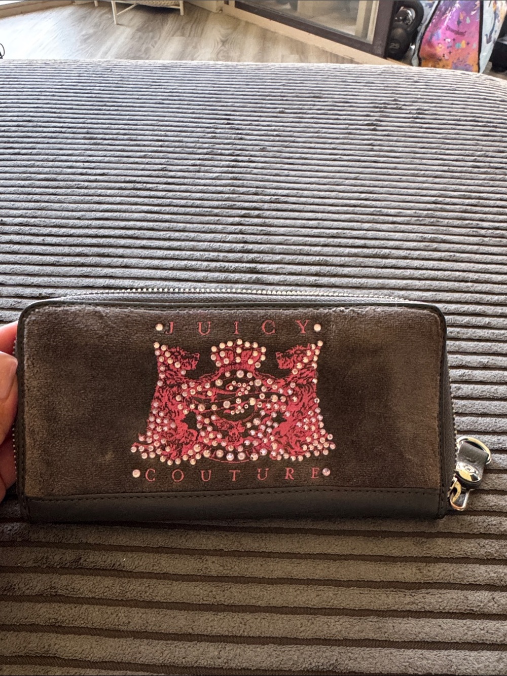 Juicy Couture Brown Suede Wallet with Pink Rhinestone Crest